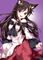Rule 34 | 1girl, :d, animal ear fluff, animal ears, bare shoulders, breasts, brooch, brown hair, collarbone, commentary request, dress, eyes visible through hair, fang, feet out of frame, gradient background, head tilt, highres, imaizumi kagerou, jewelry, long hair, long sleeves, looking at viewer, medium breasts, multicolored clothes, multicolored dress, nail polish, off-shoulder dress, off shoulder, open mouth, pink eyes, purple background, red dress, red nails, ruu (tksymkw), sidelocks, smile, solo, touhou, v-shaped eyebrows, very long hair, white background, white dress, wide sleeves, wolf ears