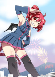 Rule 34 | 1girl, ahoge, black thighhighs, caffein, detached sleeves, drill hair, fireworks, giant, giantess, grin, hand on own hip, kasane teto, looking at viewer, one eye closed, pleated skirt, red eyes, red hair, skirt, smile, solo, tail, thighhighs, twin drills, twintails, utau, wings, wink
