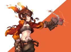 Rule 34 | 1girl, bandolier, black hair, breasts, brown gloves, bullet, casing ejection, commentary, english commentary, fiery hair, flame print, gloves, gun, hand on hilt, handgun, highres, holding, holding gun, holding weapon, jacket, kelvin hiu, midriff, navel, open clothes, open jacket, orange background, original, pale skin, pistol, popped collar, red eyes, red jacket, ringed eyes, shell casing, short twintails, small breasts, smoke, smoking gun, solo, strapless, tube top, twintails, two-tone background, weapon, white background