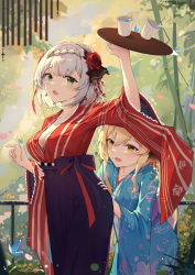 Rule 34 | 2girls, absurdres, blonde hair, blue kimono, blush, bow, braid, breasts, bug, butterfly, cleavage, collarbone, cup, day, drinking glass, feet out of frame, flower, genshin impact, green eyes, hair flower, hair ornament, hakama, hakama skirt, highres, holding, holding tray, insect, japanese clothes, kimono, leaning forward, long sleeves, looking at viewer, lumine (genshin impact), medium breasts, multiple girls, noelle (genshin impact), obi, open mouth, outdoors, purple bow, purple hakama, red flower, red kimono, red rose, rose, sash, short hair, short hair with long locks, sidelocks, silver hair, skirt, standing, tray, wide sleeves, yajuu, yellow eyes, yukata