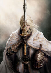 Rule 34 | 1other, armor, blonde hair, braid, breastplate, cloak, commentary, covered mouth, cowboy shot, crown braid, elden ring, elden ring: shadow of the erdtree, english commentary, gauntlets, grey eyes, helm, helmet, highres, holding, holding helmet, holding sword, holding weapon, looking at viewer, medium hair, official art, one eye covered, second-party source, solo, sword, unworn headwear, unworn helmet, weapon, white cloak