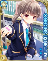 Rule 34 | 1girl, bandages, blazer, blue jacket, blue necktie, bookcase, brown hair, card (medium), closed mouth, crossdressing, day, girlfriend (kari), indoors, jacket, library, looking at viewer, necktie, official art, pants, qp:flapper, red eyes, school, school uniform, shigino mutsumi, short twintails, silver hair, sitting, socks, solo, twintails, white pants