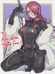 Rule 34 | 1girl, belt, black bodysuit, black gloves, bodysuit, border, breasts, coat, commentary request, commission, covered navel, curly hair, english text, fur coat, gloves, hair over one eye, highres, holding, holding sword, holding weapon, kirijou mitsuru, large breasts, long hair, looking at viewer, persona, persona 3, poechan chan, purple background, rapier, red eyes, red hair, red lips, simple background, skin tight, solo, squatting, swept bangs, sword, weapon, white border, yellow border