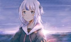 Rule 34 | 1girl, beckoning, blue eyes, blue sky, blunt bangs, blurry, blurry background, blush, closed mouth, dawn, drawstring, gawr gura, gawr gura (1st costume), hair ornament, hands up, hololive, hololive english, hood, hoodie, horizon, lips, long hair, looking at viewer, morning, ocean, ostin0127, outdoors, shark hair ornament, sky, solo, sunlight, sunrise, two side up, upper body, virtual youtuber, water, white hair