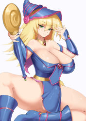 Rule 34 | 1futa, absurdres, bare shoulders, blonde hair, blue footwear, blue hat, breasts, bulge, closed mouth, collarbone, dark magician girl, duel monster, erection, erection under clothes, eyelashes, futanari, gem, green eyes, grey background, hair between eyes, half-closed eyes, hat, highres, holding, holding wand, large breasts, long hair, looking at viewer, magician, naka (umomoko), off shoulder, pentagram, red gemstone, simple background, sitting, smile, solo, testicles, wand, yu-gi-oh!