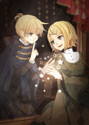 Rule 34 | 1boy, 1girl, alternate costume, blonde hair, blue eyes, brother and sister, cape, cloak, curtains, dress, european clothes, finger to mouth, hair ornament, hairclip, hairpin, hood, kagamine len, kagamine rin, mahou no kagami (vocaloid), pants, ponytail, retro clothes, short hair, short ponytail, siblings, smile, star (symbol), tama (songe), twins, vocaloid