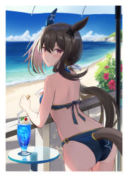 Rule 34 | 1girl, admire vega (umamusume), against railing, animal ears, ass, bare arms, bare shoulders, beach, bikini, blue bikini, blue ribbon, blue sky, blush, cherry, clothing cutout, day, drink, drinking straw, food, from behind, fruit, hair ribbon, highres, holding, horizon, horse ears, horse girl, horse tail, leaning forward, long hair, looking at viewer, looking back, low ponytail, may9, ocean, outdoors, railing, red eyes, ribbon, sky, solo, star (symbol), swimsuit, table, tail, tail through clothes, umamusume, white ribbon