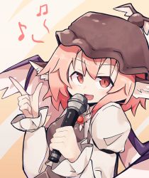 Rule 34 | 1girl, absurdres, animal ear fluff, animal ears, beamed eighth notes, bird ears, bird wings, blush, brown dress, brown hat, dress, eighth note, hair between eyes, hat, highres, holding, holding microphone, index finger raised, long sleeves, microphone, musical note, mystia lorelei, open mouth, pink hair, red eyes, short hair, smile, solo, touhou, upper body, white wings, winged hat, wings, yayuyoyayuyo