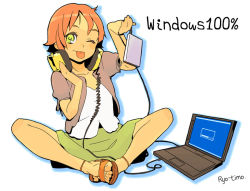 Rule 34 | :p, computer, headphones, headphones around neck, keyboard (computer), laptop, one eye closed, orange hair, original, ryo chimo, sandals, sitting, solo, tongue, tongue out, wink, yellow eyes