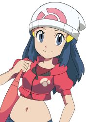 Rule 34 | 1girl, absurdres, bag, beanie, blue eyes, blue hair, creatures (company), cropped jacket, dawn (pokemon), denim, denim shorts, game freak, hainchu, hair ornament, hairclip, hat, highres, jacket, long hair, looking at viewer, midriff, navel, nintendo, pokemon, pokemon (anime), poketch, red jacket, short sleeves, shorts, shoulder bag, simple background, smile, solo, stomach, upper body, watch, white background, white hat, wristwatch
