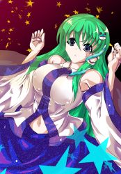 Rule 34 | 1girl, :&lt;, bad id, bad pixiv id, bare shoulders, blue hair, breasts, detached sleeves, female focus, frog, gradient background, green hair, hair ornament, hairclip, highres, japanese clothes, kochiya sanae, large breasts, long hair, miko, navel, snake, solo, sousakubito, star (symbol), touhou