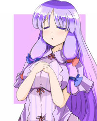 Rule 34 | 1girl, :o, blush, bow, breasts, eruichi (redphantom), closed eyes, hair bow, hands on own chest, highres, large breasts, long hair, no headwear, patchouli knowledge, purple hair, sidelocks, solo, touhou