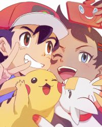 Rule 34 | 2boys, ash ketchum, baseball cap, blue eyes, brown hair, commentary request, creatures (company), game freak, gen 1 pokemon, gen 4 pokemon, gen 8 pokemon, goh (pokemon), hair between eyes, hair ornament, hand up, hat, holding, male focus, matsuno opa, multiple boys, nintendo, one eye closed, open mouth, pikachu, pokemon, pokemon (anime), pokemon (creature), pokemon journeys, rotom, rotom phone, scorbunny, smile, teeth, tongue, v