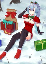Rule 34 | 1girl, black gloves, black thighhighs, blush, bow, box, breasts, capelet, christmas, cleavage, dress, elbow gloves, fate/grand order, fate (series), fur-trimmed capelet, fur-trimmed dress, fur-trimmed footwear, fur trim, gift, gift box, gloves, green bow, hair between eyes, hair bow, highres, long hair, on ground, ponytail, red capelet, red dress, red eyes, red footwear, sack, santa dress, short dress, silver hair, sitting, smile, snow, solo, strapless, strapless dress, striped, striped bow, thighhighs, tomoe gozen (fate), very long hair, zysora