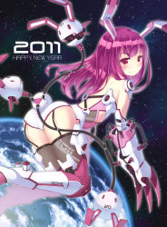 Rule 34 | 10s, 1girl, 2011, animal ears, earth (planet), happy new year, highres, light smile, long hair, md5 mismatch, new year, original, pink eyes, pink hair, planet, rabbit ears, rabbit tail, resolution mismatch, science fiction, sky, solo, source smaller, space, star (sky), starry sky, tail, thighhighs, zenn