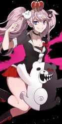 Rule 34 | 1girl, absurdres, bear hair ornament, black background, black choker, black footwear, black shirt, blue eyes, boots, bow, breasts, choker, cleavage, collarbone, commentary request, crown, danganronpa: trigger happy havoc, danganronpa (series), enoshima junko, feet out of frame, grin, hair ornament, hand up, highres, long hair, miniskirt, monokuma, necktie, pink hair, pleated skirt, red bow, red skirt, rin (yukameiko), school uniform, shirt, skirt, sleeves rolled up, smile, twintails