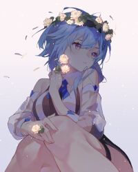 Rule 34 | 1girl, alternate costume, bare shoulders, blue hair, commentary request, eula (genshin impact), flower, genshin impact, head wreath, highres, long sleeves, oriori 0201, parted lips, shirt, sitting, solo, thigh strap, white flower, white shirt