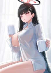 Rule 34 | 1girl, :o, absurdres, black hair, blue archive, blunt bangs, blush, bottomless, breasts, bright pupils, covered erect nipples, cup, curtains, halo, highres, huge breasts, indoors, long hair, looking at viewer, mijikayo, morning, mug, naked shirt, open clothes, open shirt, red eyes, rio (blue archive), see-through, see-through shirt, shirt, sitting, solo, steam, straight hair, very long hair, white pupils, white shirt