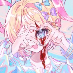 Rule 34 | 1girl, blonde hair, blood, blood on face, blue bow, blue eyes, blue hair, bow, chouzetsusaikawa tenshi-chan, hair bow, hands up, hashtag-only commentary, heart, heart hands, heart hands over eye, holographic clothing, long hair, long sleeves, looking at viewer, mew (mewrurirun), multicolored hair, multicolored nails, multiple hair bows, nail polish, needy girl overdose, one eye covered, open mouth, pink bow, pink hair, portrait, purple bow, quad tails, sailor collar, smile, solo