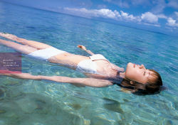 Rule 34 | abe asami, bikini, cloud, closed eyes, highres, ocean, photo (medium), solo, swimming, swimsuit, white bikini