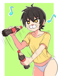 Rule 34 | 1girl, black hair, bottle, cat nose, commentary, cougar (cougar1404), cowboy shot, eighth note, empty eyes, green background, holding, holding bottle, looking at viewer, motion lines, musical note, nari (cougar1404), no pants, original, outside border, panties, ribbed panties, shaking, shirt, short hair, short sleeves, soda bottle, solo, standing, symbol-only commentary, t-shirt, underwear, whiskers, white panties, yellow eyes, yellow shirt