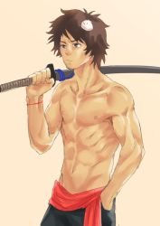 Rule 34 | 1boy, b gent, bakemono no ko, closed mouth, groin, kyuuta (bakemono no ko), male focus, navel, nipples, over shoulder, topless male, simple background, solo, standing, sword, sword over shoulder, toned, toned male, weapon, weapon over shoulder