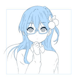 Rule 34 | 1girl, 22/7, blue eyes, blue hair, braid, dress shirt, expressionless, female focus, glasses, hair between eyes, hair ornament, hand on own chin, long hair, looking at viewer, maruyama akane, serious, shirt, simple background, solo, standing, staring, stroking own chin, sweater, upper body, user xrsv4337