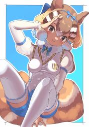 Rule 34 | 1girl, absurdres, animal ears, blue background, brown eyes, brown hair, extra ears, highres, kemono friends, kemono friends v project, looking at viewer, microphone, osnmykk, ribbon, scarf, shirt, short hair, shorts, siberian chipmunk (kemono friends), simple background, solo, tail, thighhighs, vest, virtual youtuber