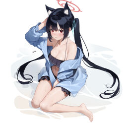Rule 34 | 1girl, absurdres, animal ear fluff, animal ears, bare legs, barefoot, bikini, black bikini, black hair, blue archive, blue shirt, blush, breasts, cat ears, cleavage, closed mouth, collarbone, extra ears, frilled bikini, frills, halo, highres, long hair, long sleeves, looking at viewer, medium breasts, navel, not forever2w, official alternate costume, red eyes, red halo, serika (blue archive), serika (swimsuit) (blue archive), shirt, solo, swimsuit, toes, twintails