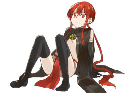 Rule 34 | 1boy, arm support, bare shoulders, black gloves, black thighhighs, bulge, closed mouth, elbow gloves, fate/grand order, fate (series), full body, gloves, knees up, koha-ace, long hair, low ponytail, male focus, no shoes, oda nobukatsu (fate), pelvic curtain, ponytail, red eyes, red hair, sidelocks, simple background, solo, sweat, tachitsu teto, thighhighs, very long hair, wavy mouth, white background