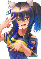 Rule 34 | 1girl, animal ears, bare shoulders, blue hair, blue shirt, blush, brown hair, clothing cutout, commentary request, daitaku helios (umamusume), double w, ear covers, ear piercing, facial tattoo, fang, hair ornament, hairclip, highres, horse ears, horse girl, medium hair, multicolored hair, multicolored nails, no necklace, open mouth, partial commentary, piercing, shirt, shoulder cutout, shutchi, side ponytail, simple background, skin fang, smile, solo, streaked hair, tattoo, tied shirt, two-tone shirt, umamusume, upper body, w, white background, yellow eyes, yellow shirt