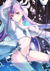 Rule 34 | age nasuo, blue eyes, closed mouth, cowboy shot, crop top, fate/grand order, fate (series), floating hair, hair ribbon, highres, long hair, long sleeves, looking at viewer, meltryllis (fate), meltryllis (third ascension) (fate), midriff, navel, purple hair, ribbon, solo, stomach, very long hair, wading, water, white ribbon