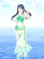 Rule 34 | 1girl, ;), alternate hairstyle, aqua scrunchie, artist name, artist request, barefoot, barefoot sandals (jewelry), blue hair, blush, bow, bowtie, collarbone, crop top, dress, elbow sleeve, female focus, full body, green bow, green dress, hair between eyes, hair ornament, hair scrunchie, hand wave, highres, long hair, looking at viewer, love live!, love live! sunshine!!, matsuura kanan, miniskirt, ocean, one eye closed, parted lips, plaid, plaid dress, plaid skirt, pleated, pleated dress, pleated skirt, purple eyes, sandals, scrunchie, skirt, smile, solo, standing, twintails, white skirt, wink