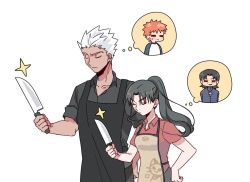 Rule 34 | 1boy, 1girl, apron, archer (fate), bad id, bad twitter id, black hair, closed eyes, emiya shirou, fate/stay night, fate (series), hand on own hip, holding, knife, korean commentary, kotomine kirei, ponytail, redmin 0415, simple background, sparkle, thinking, tohsaka rin, white background, white hair