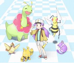 Rule 34 | 1girl, ataru (ataru-littlebird), beedrill, belt, belt buckle, buckle, casey (pokemon), checkered floor, clenched hand, closed mouth, commentary request, creatures (company), elekid, game freak, gen 1 pokemon, gen 2 pokemon, green shirt, hand up, hat, highres, holding, jacket, knees, long hair, looking at viewer, meganium, nintendo, pidgey, pokemon, pokemon (anime), pokemon (classic anime), pokemon (creature), purple hair, rattata, red footwear, shirt, shoes, shorts, smile, socks, standing, texture, twintails, white headwear, white shorts, white socks, yellow jacket