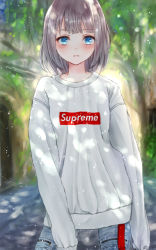 Rule 34 | 1girl, blue eyes, blush, denim, forest, grey hair, highres, jeans, leaning to the side, looking at viewer, medium hair, nature, ni$hi-xxxx, open mouth, original, pants, parted lips, sleeves past wrists, solo, supreme (brand), sweater, white sweater