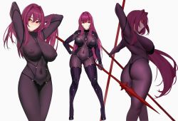 Rule 34 | 1girl, ass, bodysuit, breasts, covered erect nipples, covered navel, fate/grand order, fate (series), gae bolg (fate), gongba laoge, highres, inverted nipples, large breasts, leotard, long hair, polearm, purple bodysuit, purple hair, purple leotard, red eyes, scathach (fate), spear, very long hair, weapon