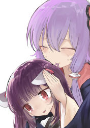 Rule 34 | 2girls, ^ ^, absurdres, closed eyes, closed mouth, eating hair, hair between eyes, hair ornament, hair ribbon, hand on another&#039;s head, highres, japanese clothes, long hair, microa, multiple girls, open mouth, purple hair, red eyes, red ribbon, ribbon, simple background, smile, sweat, touhoku kiritan, twintails, vocaloid, voiceroid, white background, yuzuki yukari
