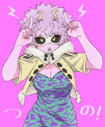 Rule 34 | !, 1girl, absurdres, ashido mina, black sclera, boku no hero academia, breasts, cleavage, colored sclera, colored skin, commentary request, dress, glasses, green dress, highres, horns, horns pose, jacket, jipponwazaari, large breasts, pink background, pink hair, pink skin, pointing, pointing up, purple dress, short hair, short sleeves, simple background, solo, teeth, translation request, upper body, yellow eyes, yellow jacket