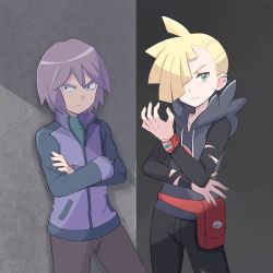 Rule 34 | 2boys, ahoge, black eyes, blonde hair, bracelet, brown pants, closed mouth, commentary request, covered collarbone, creatures (company), crossed arms, ear piercing, fanny pack, game freak, gladion (pokemon), green eyes, green shirt, hair over one eye, hand up, highres, hood, hood down, hoodie, jacket, jewelry, male focus, mei (maysroom), multiple boys, nintendo, pants, paul (pokemon), piercing, pokemon, pokemon (anime), pokemon dppt (anime), pokemon sm (anime), purple hair, red bag, shirt, short hair, torn clothes, z-ring