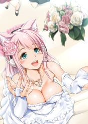 Rule 34 | 1girl, :d, animal ears, aqua eyes, arm warmers, bare shoulders, black footwear, bouquet, breasts, bridal gauntlets, bride, cat ears, cleavage, collarbone, dress, eyebrows, flower, formal, from above, ganari ryuu, gloves, green eyes, hair flower, hair ornament, hands up, headphones, headset, heart, heart necklace, highres, jewelry, large breasts, long hair, looking up, microphone, motion blur, necklace, open mouth, original, out of frame, pink flower, pink hair, pink rose, rose, shoes, smile, solo focus, standing, strapless, strapless dress, super tama musume, tamatoys, wedding, wedding dress, white dress, white flower, white gloves, white rose