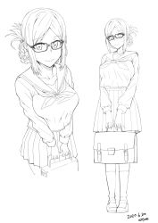 Rule 34 | 1girl, absurdres, alternate costume, attyon, bag, braid, braided ponytail, breasts, dated, folded ponytail, glasses, greyscale, highres, holding, holding bag, kantai collection, katori (kancolle), kneehighs, large breasts, long sleeves, looking at viewer, monochrome, multiple views, neckerchief, pleated skirt, ponytail, sailor collar, school uniform, serafuku, signature, simple background, skirt, smile, socks, standing