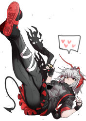 Rule 34 | 1girl, antenna hair, arknights, black footwear, black gloves, black jacket, black nails, black pantyhose, black scarf, black skirt, blush, breasts, closed mouth, commentary, controller, demon horns, demon tail, detonator, english commentary, expressionless, falling, fingerless gloves, full body, gloves, grey hair, grey shirt, highres, holding, holding remote control, horns, jacket, leg wrap, medium breasts, miniskirt, multicolored hair, nail polish, open clothes, open jacket, pantyhose, pleated skirt, red eyes, red hair, remote control, samacho, scarf, shirt, shoes, short hair, simple background, skirt, solo, tail, torn clothes, torn scarf, two-tone hair, unzipped, w (arknights), white background