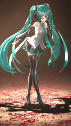 Rule 34 | 1girl, 3d, absurdres, aqua hair, aqua necktie, bbbbit, black skirt, blush, boots, breasts, closed eyes, detached sleeves, hatsune miku, headset, highres, leaning forward, long hair, medium breasts, necktie, petals, shadow, skirt, smile, solo, thigh boots, thighhighs, tiptoes, twintails, very long hair, vocaloid