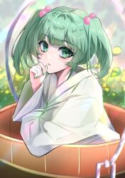 Rule 34 | 1girl, bucket, green eyes, green hair, green nails, hair bobbles, hair ornament, head tilt, highres, in bucket, in container, japanese clothes, kimono, kisume, leaning on object, looking at viewer, medium hair, nail polish, nyarocks, open mouth, solo, touhou, two side up, upper body, white kimono, wide sleeves, wooden bucket