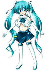 Rule 34 | 1girl, absurdres, ascot, belt, blush, boots, bow, bowtie, elbow gloves, full body, gloves, green eyes, green hair, happy, hatsune miku, headphones, highres, long hair, matching hair/eyes, midriff, musical note, navel, necktie, nya?, nyaa (nnekoron), ribbon, simple background, skirt, solo, star (symbol), striped bow, striped bowtie, striped clothes, thigh boots, thighhighs, twintails, vocaloid, white thighhighs