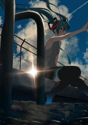 Rule 34 | 1girl, aqua eyes, aqua hair, aqua necktie, backlighting, bare arms, bare shoulders, black skirt, black thighhighs, blue sky, cloud, commentary, crying, crying with eyes open, day, floating hair, floating neckwear, grey shirt, hair ornament, hatsune miku, highres, lens flare, light particles, long hair, miniskirt, necktie, noranucoo, outdoors, outstretched arm, parted lips, pleated skirt, pool ladder, poolside, shirt, sitting, skirt, sky, sleeveless, sleeveless shirt, soaking feet, solo, sun, tears, thighhighs, twintails, very long hair, vocaloid, water, yoake to hotaru (vocaloid)