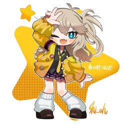 Rule 34 | 1girl, antenna hair, arm at side, arm up, armband, artist name, black shirt, blue eyes, blush, brown footwear, brown hair, cardigan, character name, chibi, collared shirt, commentary request, fang, full body, gyaru, halftone, highres, kasukabe tsumugi, leg warmers, loafers, long hair, long sleeves, looking at viewer, loose necktie, miniskirt, necktie, off shoulder, one eye closed, one side up, open cardigan, open clothes, open mouth, plaid, plaid skirt, pleated skirt, popped collar, purple skirt, scrunchie, shi oh, shirt, shoes, skin fang, skirt, smile, solo, standing, star (symbol), translation request, two-tone background, voicevox, w, white background, white leg warmers, wink star, wrist scrunchie, yellow background, yellow cardigan, yellow necktie