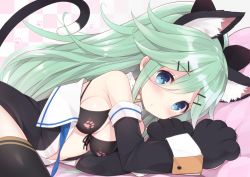 Rule 34 | 10s, 1girl, animal ears, animal hands, black bow, black bra, black thighhighs, blue eyes, blush, bow, bra, cat ears, cat tail, checkered background, commentary request, detached sleeves, gloves, green hair, hair bow, hair ornament, hairclip, kantai collection, long hair, looking at viewer, lying, open clothes, open shirt, paw gloves, paw print, shirt, solo, tail, thighhighs, underwear, watanon (gakushokutei), yamakaze (kancolle)
