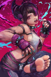 Rule 34 | 1girl, aqua eyes, bare shoulders, barefoot, belt, black pants, blue nails, bracelet, candy, collar, crop top, elbow gloves, feet, fingerless gloves, food, foot focus, gloves, hair horns, han juri, highres, jewelry, lollipop, looking at viewer, miche, multicolored clothes, multicolored hair, nail, nail polish, pants, pink eyes, sleeveless, spiked bracelet, spiked collar, spikes, stirrup legwear, street fighter, street fighter 6, toeless legwear, tongue, tongue out, two-tone hair